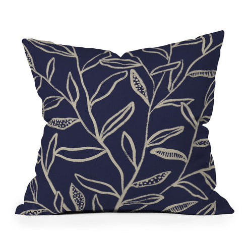 Alisa Galitsyna Navy Blue Patterned Leaves Outdoor Throw Pillow