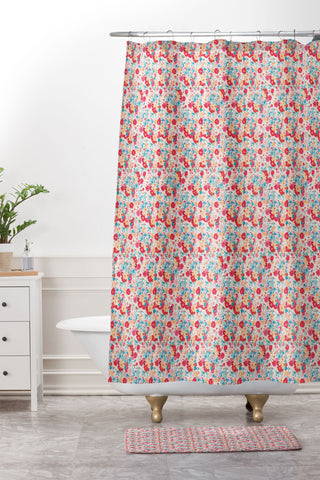 alison janssen Charming Red Blue Floral Shower Curtain And Mat