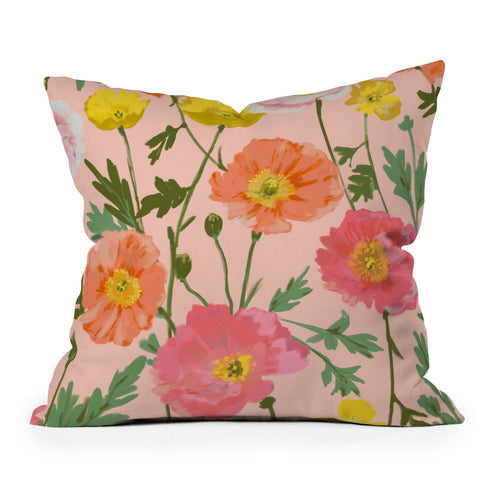 alison janssen Large Poppy Coral Outdoor Throw Pillow