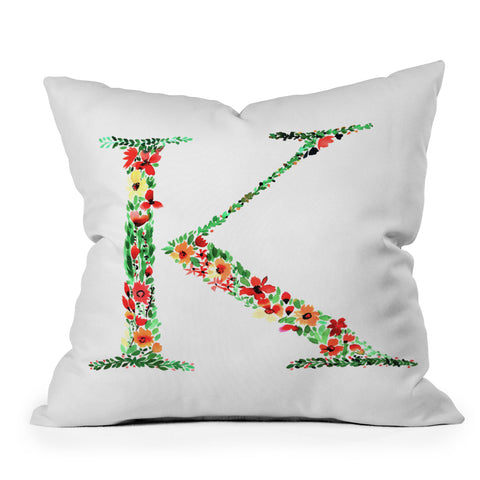 Amy Sia Floral Monogram Letter K Outdoor Throw Pillow