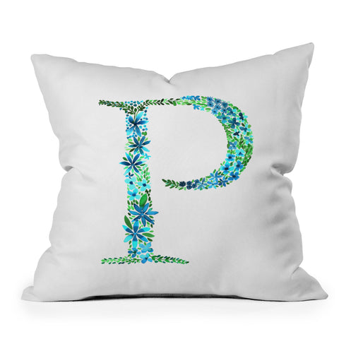 Amy Sia Floral Monogram Letter P Outdoor Throw Pillow