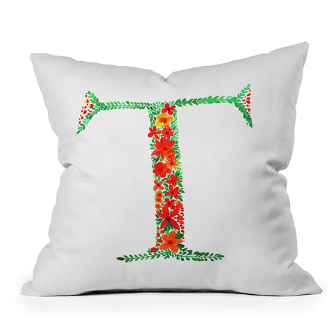 Amy Sia Floral Monogram Letter T Outdoor Throw Pillow