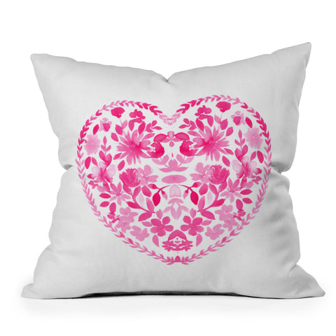 Amy Sia Folk Love Heart Pink Outdoor Throw Pillow