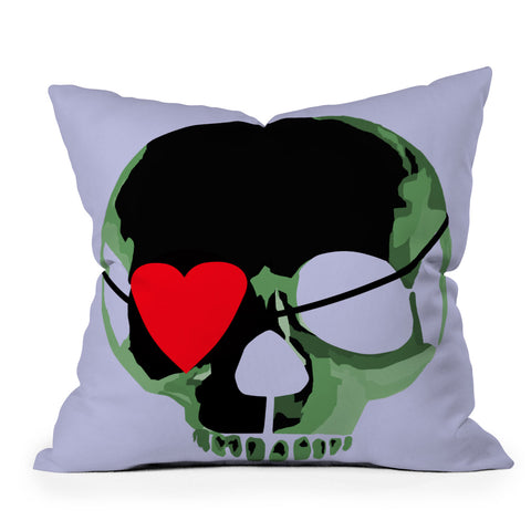 Amy Smith Green Skull With Heart Eyepatch Outdoor Throw Pillow
