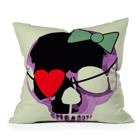 Amy Smith Pink Skull Heart With Bow Outdoor Throw Pillow