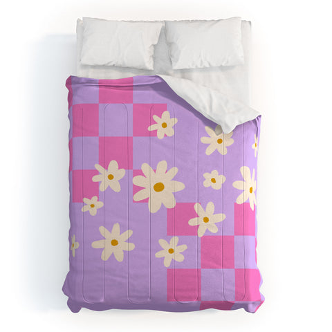 Angela Minca Daisies and grids pink Comforter