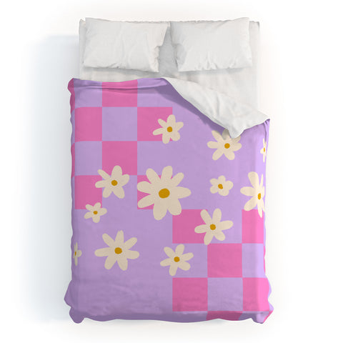 Angela Minca Daisies and grids pink Duvet Cover