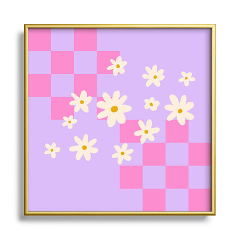 Angela Minca Daisies and grids pink Square Metal Framed Art Print