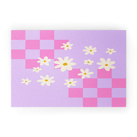 Angela Minca Daisies and grids pink Welcome Mat