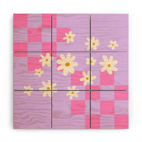 Angela Minca Daisies and grids pink Wood Wall Mural