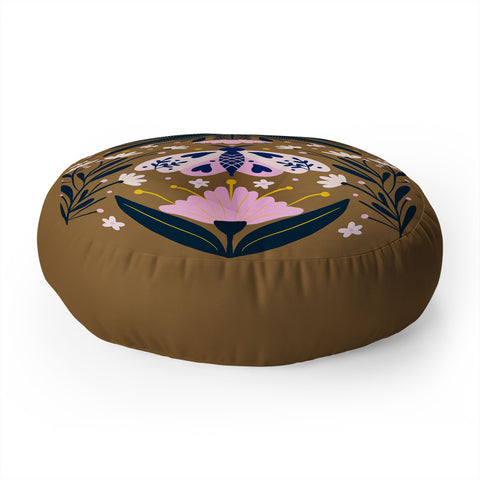 Angela Minca Folk Art Moth Golden Brown Floor Pillow Round