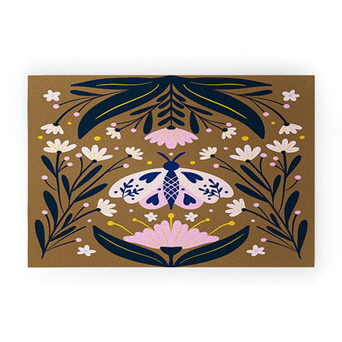 Angela Minca Folk Art Moth Golden Brown Welcome Mat