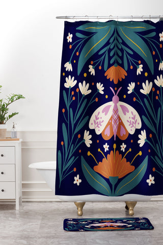 Angela Minca Folk Art Moth Orange Cream Shower Curtain And Mat