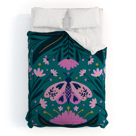 Angela Minca Folk Art Moth Pink Teal Comforter
