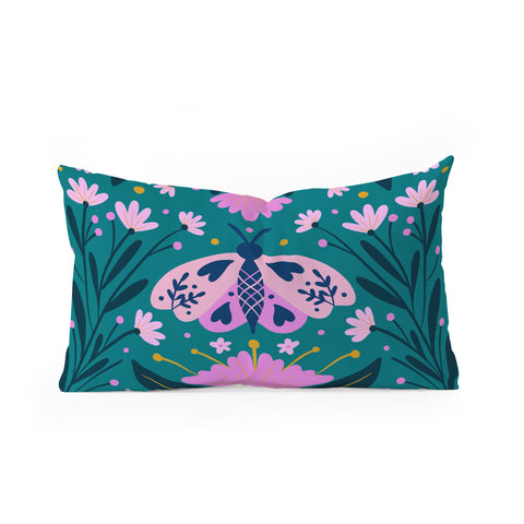 Angela Minca Folk Art Moth Pink Teal Oblong Throw Pillow