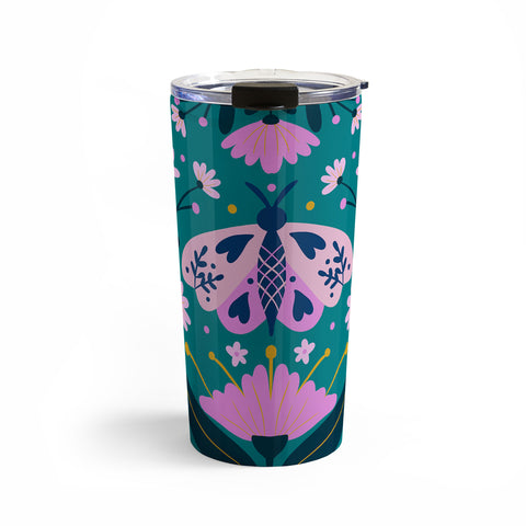 Angela Minca Folk Art Moth Pink Teal Travel Mug