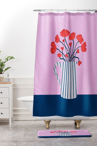 Angela Minca Poppies pink and blue Shower Curtain And Mat