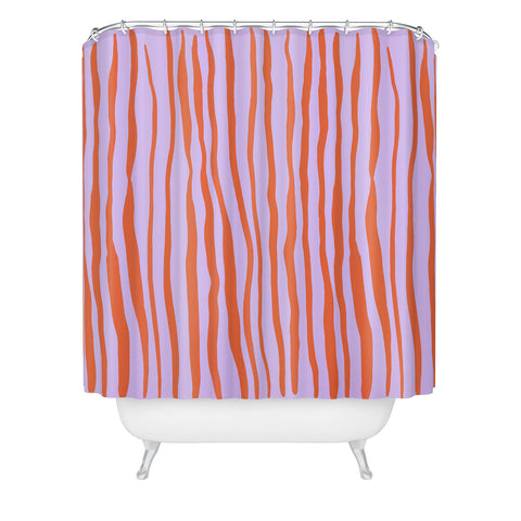 Angela Minca Retro wavy lines orange violet Shower Curtain