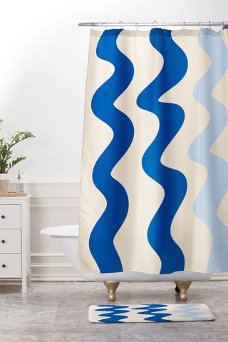 Angela Minca Squiggly lines blue Shower Curtain And Mat