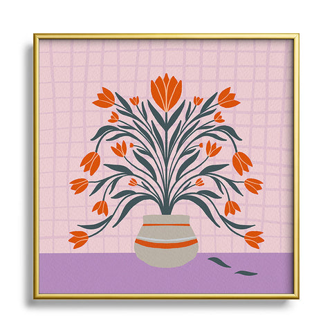 Angela Minca Tulips orange and violet Square Metal Framed Art Print