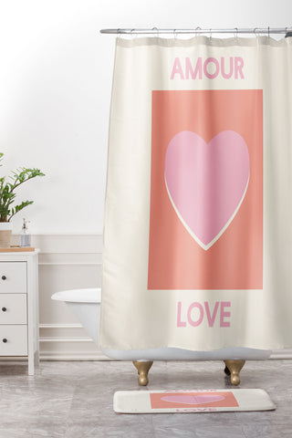 April Lane Art Amour Love Orange Pink Heart Shower Curtain And Mat