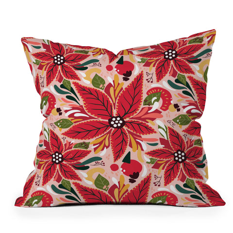 Avenie Abstract Floral Poinsettia Red Outdoor Throw Pillow