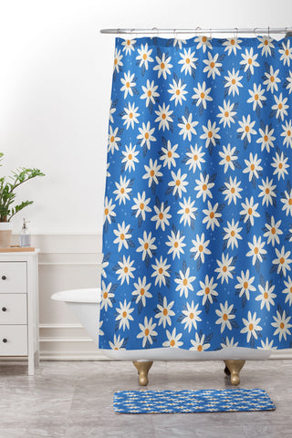 Avenie Boho Daisies Cobalt Blue Shower Curtain And Mat