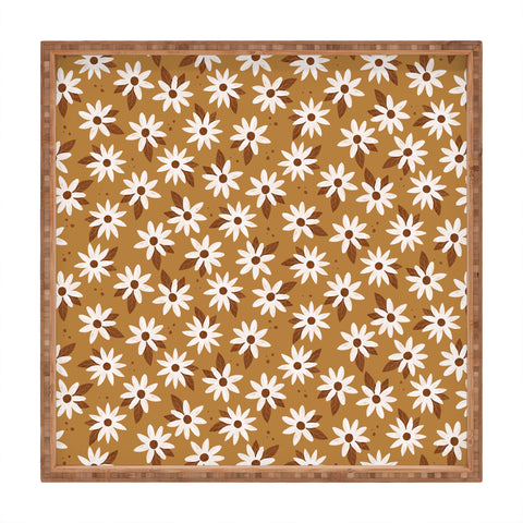 Avenie Boho Daisies In Golden Brown Square Tray
