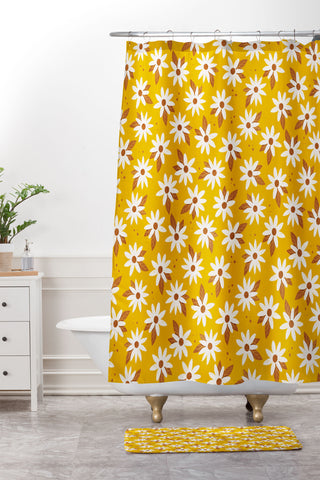 Avenie Boho Daisies In Honey Yellow Shower Curtain And Mat