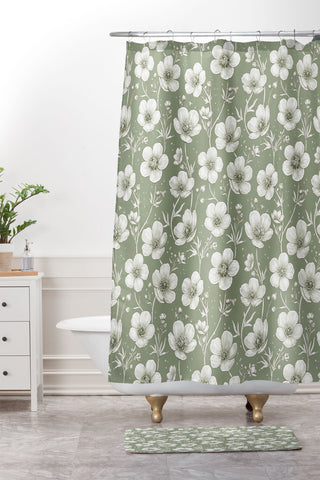 Avenie Buttercup Flowers In Sage Shower Curtain And Mat