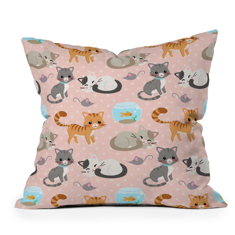 Avenie Cat Pattern Pink Outdoor Throw Pillow