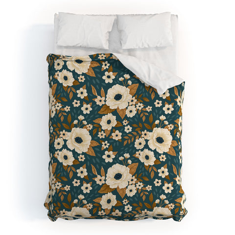 Avenie Delicate Blue and Gold Floral Duvet Cover