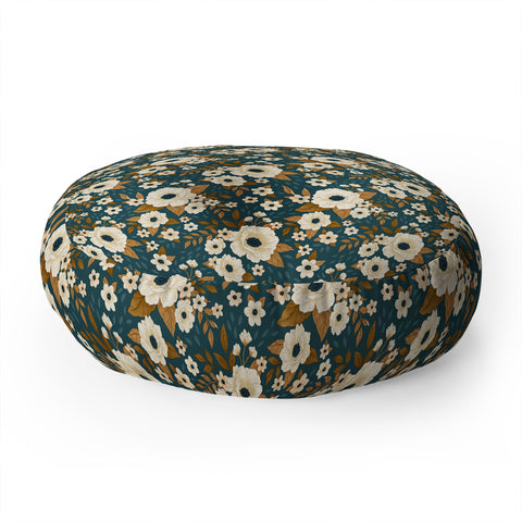 Avenie Delicate Blue and Gold Floral Floor Pillow Round