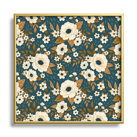 Avenie Delicate Blue and Gold Floral Square Metal Framed Art Print