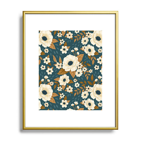 Avenie Delicate Blue and Gold Floral Metal Framed Art Print