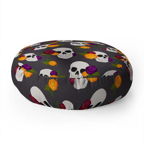 Avenie Halloween Floral Skulls Floor Pillow Round