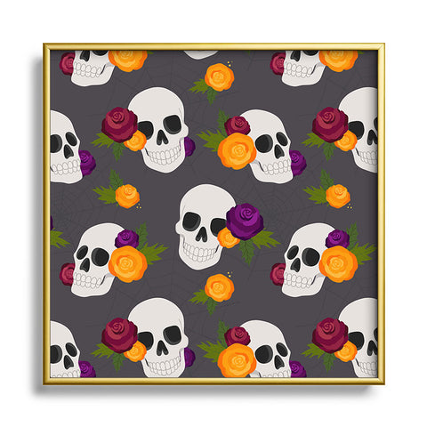 Avenie Halloween Floral Skulls Square Metal Framed Art Print