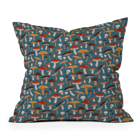 Avenie Mushrooms In Teal Pattern Outdoor Throw Pillow