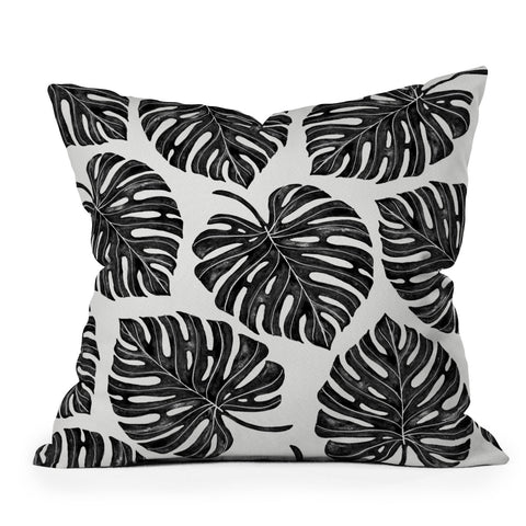 Avenie Tropical Palm Leaves Black Outdoor Throw Pillow