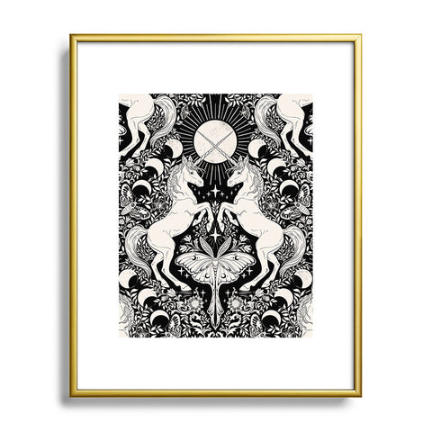 Avenie Unicorn Damask Black And Cream Metal Framed Art Print