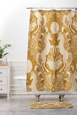 Avenie Unicorn Damask Bronze Orange Shower Curtain And Mat
