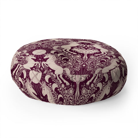 Avenie Unicorn Damask In Berry Red Floor Pillow Round
