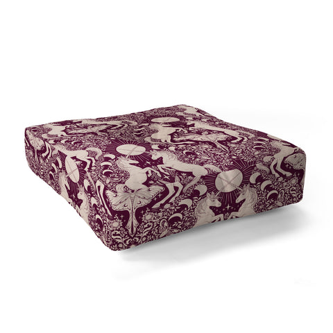 Avenie Unicorn Damask In Berry Red Floor Pillow Square