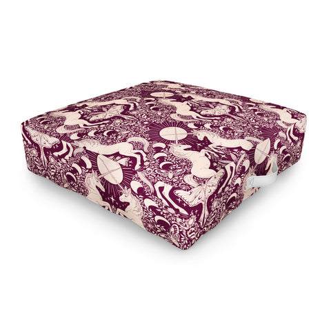 Avenie Unicorn Damask In Berry Red Outdoor Floor Cushion