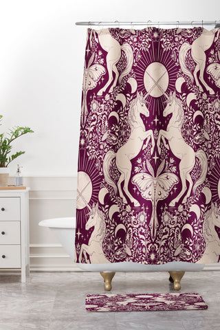 Avenie Unicorn Damask In Berry Red Shower Curtain And Mat