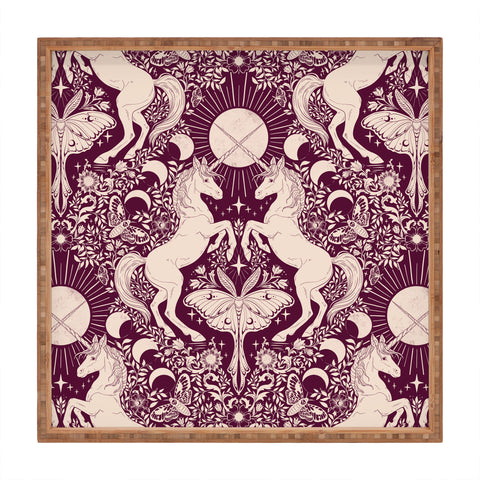 Avenie Unicorn Damask In Berry Red Square Tray