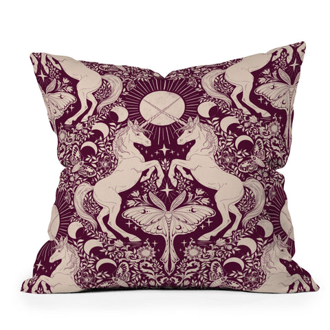 Avenie Unicorn Damask In Berry Red Outdoor Throw Pillow