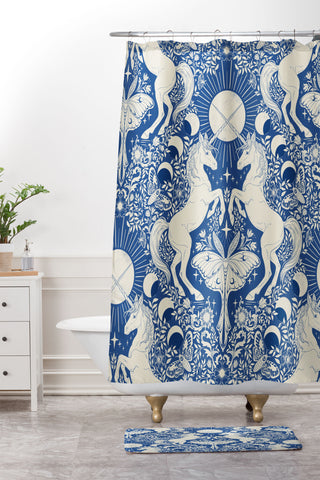 Avenie Unicorn Damask In Blue Shower Curtain And Mat