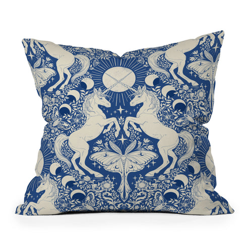 Avenie Unicorn Damask In Blue Outdoor Throw Pillow