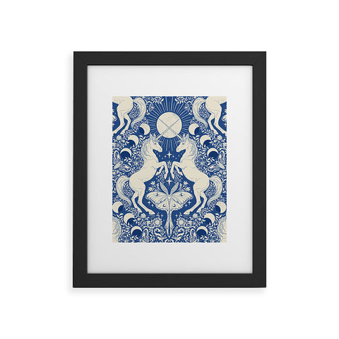 Avenie Unicorn Damask In Blue Framed Art Print